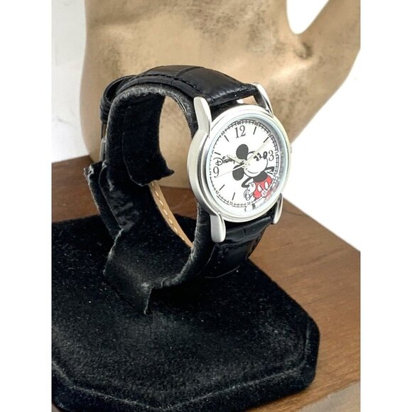 Disney Women's Watch Mickey Mouse Silver Dial Quartz Black Leather Band 27mm - Picture 13 of 13